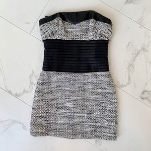 Strapless Tweed Mini Dress w/ Leather Detail